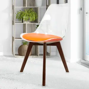 Soho Clear and Orange Plastic Dining Chair with Squared Dark Wood Legs