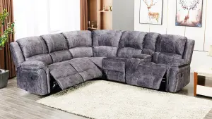 Galaxy Grey Plush Velvet Fabric Electric Reclining Corner Sofa With Console