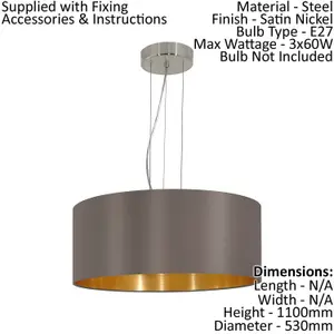 Pendant Ceiling Light Colour Satin Nickel Shade Cappuccino Gold Fabric Bulb E27 3x60W