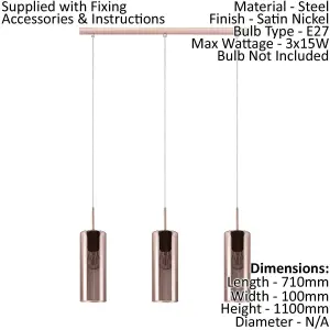 Pendant Ceiling Light Satin Nickel Shade Copper Coloured Glass Vaporized Bulb E27 3x15W