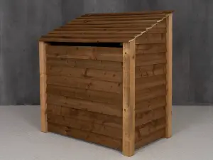 Wooden log store (roof sloping back) with kindling shelf W-119cm, H-126cm, D-88cm - brown finish