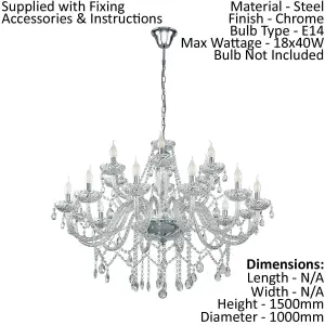 Chandelier Ceiling Light Chrome Plated Steel & Clear Glass Droplets Bulb E14 18x40W