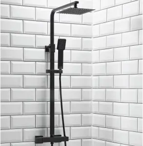 Lunar Matt Black Square Thermostatic Rigid Riser Shower with Diverter