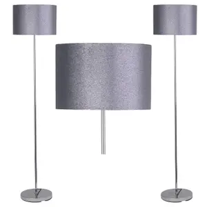 First Choice Lighting Set of 2 Chrome Stick Floor Lamps with Grey Glitter Shades