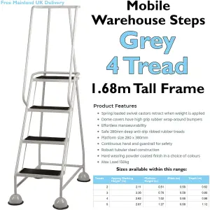 4 Tread Mobile Warehouse Steps GREY 1.68m Portable Safety Ladder & Wheels