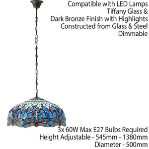 Tiffany Glass Hanging Ceiling Pendant Light Blue Dragonfly 3 Lamp Shade i00110