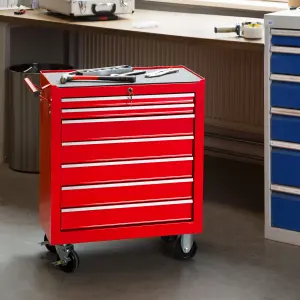 Tool Box - with wheels, 7 drawers, central locking system - red