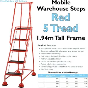 5 Tread Mobile Warehouse Steps RED 1.94m Portable Safety Ladder & Wheels