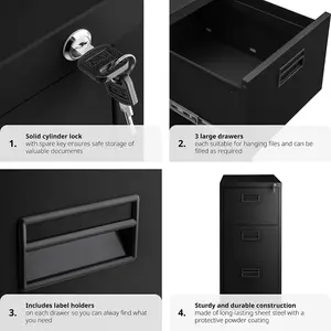 Filing Cabinet - 3 drawers with hanging files, lockable, 62.4 x 46 x 102.8 cm - black