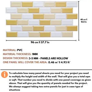 3D Wall Panels with Adhesive Included - Pack of 6 Sheets Cover 29.76ft² (2.76m² ) - Subway Tile Pattern in White Gold & Beige