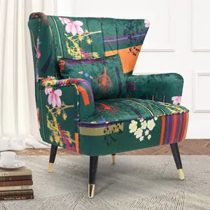 Fabric Green Patchwork Victoria Accent Wingback Chair