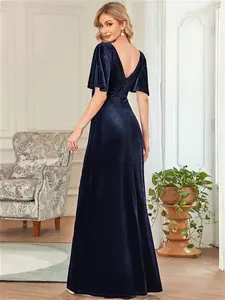 Ever-Pretty Elegant V Neck Maxi Velvet Wedding Guest Dress Polyester