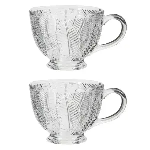 Set of 2 Vintage Style Embossed Botanical Design Coffee Mug Clear Tea Cups