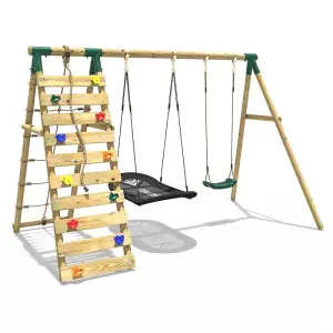 Rebo Wooden Swing Set with Up and Over Climbing Wall - Sage Green