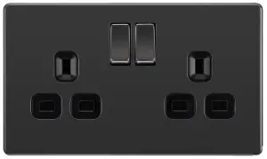 GoodHome Nickel effect Double 13A Gloss Black Socket 2 poles