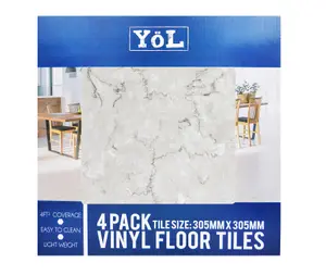 Floor Tiles Self Adhesive Vinyl Flooring Kitchen Bathroom Home White Marble Effect Pack of 4 (0.37sqm)