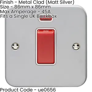 2 PACK 1 Gang Single 45A Cooker Switch & Neon HEAVY DUTY METAL CLAD DP Appliance