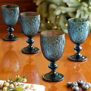 Set of 4 Vintage Luxury Blue Drinking Wine Glass Wine Goblets 310ml