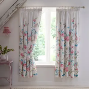 Amelle Blue Floral Print Pair of Pencil Pleat Curtains With Tie-Backs