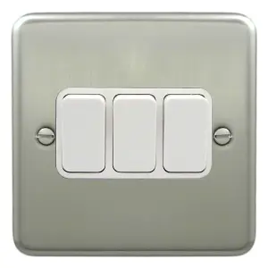 Deta 1905SCW Light Switch 10 Amp 3 Gang 2 Way Satin Chrome / White Inserts