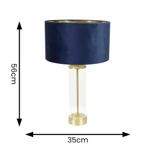 ValueLights Balan Glass with Gold Table Lamp and Navy Blue Velvet with Metallic Gold Inner Lamp Shade