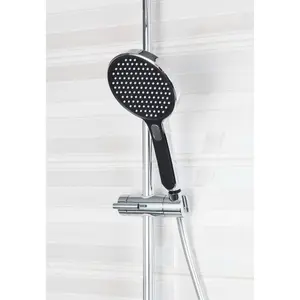 Chrome Thermostatic Rigid Riser Overhead Shower Kit with Tempered Glass Mixer Valve Shelf - Black Trim