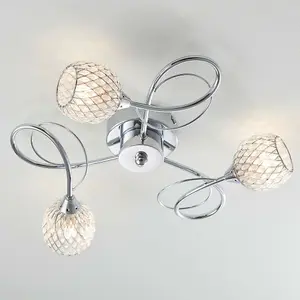 Semi Flush Ceiling Light Chrome Glass Beads 3 Bulb Hanging Pendant Lamp Shade