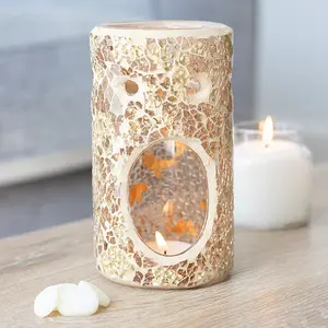 Gold Glass Pillar Shaped Oil, Wax Melt Burner. Mirrored Crackle Effect. H14.5 cm