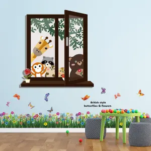 Colourful Window with Animals and Butterfly Grass 3D Butterflies Stock Clearance Wall Decor Art