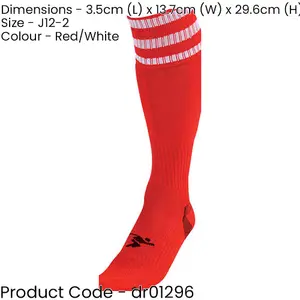 JUNIOR Size 12-2 Pro 3 Stripe Football Socks - RED/WHITE - Contoured Ankle