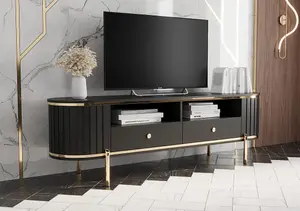  New York 181cm TV Cabinet in Sleek Black - Spacious Entertainment Unit with Ribbed Fronts and Metal Accents