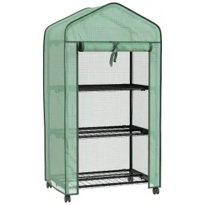 Outsunny Portable Mini Greenhouse with Roll-up Door and Wheels, Green