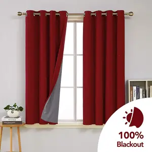 Deconovo Linen 100% Blackout Curtains with Coating Back Layer Thermal Eyelet Curtains for Living Room, 46 x 54 Inch, Red, 2 Panels