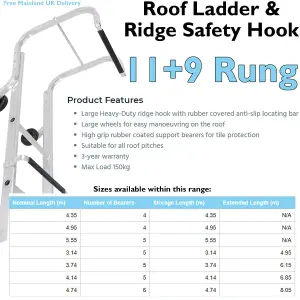 11 + 9 Rung Roof Ladder & Ridge Safety Hook Double Section 4.8m MAX Grip Steps