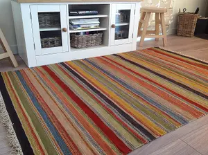 Ooty Kilim Rug Handmade in Rich Wool Multi Colour Stripes / 180 cm x 270 cm