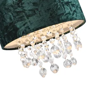 Modern Forest Green Crushed Velvet Pendant Shade with Clear Acrylic Droplets