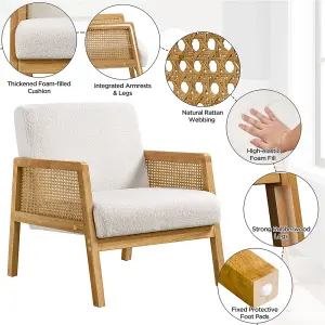 Yaheetech Ivory Boucle Upholstered Accent Chair with Rattan Sides and Rubberwood Legs