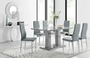 Imperia Grey High Gloss 6 Seater Dining Table with Structural 2 Plinth Column Legs 6 Grey Stitched Faux Leather Milan Chairs