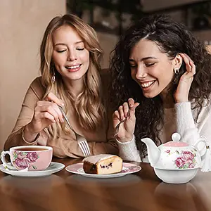 London Boutique Tea for One Teapot Teacup Saucer Set Afternoon Tea Set for 1 New Bone China (Pink)