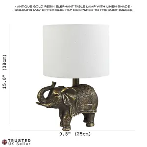 Antique Gold Vintage Elephant Resin Lamp with Off-White Oatmeal Linen Shade