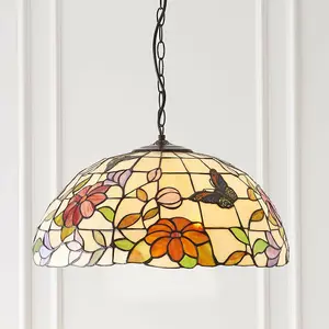 Tiffany Glass Hanging Ceiling Pendant Light Bronze Chain Butterfly Shade i00089