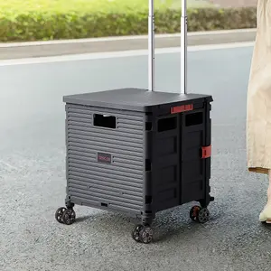 Black Collapsible Rolling Protable Crate with Magnetic Lid and Adjustable Handle