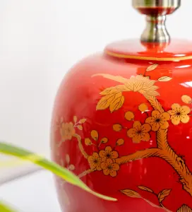 Red Gold Ceramic Table Lamp with Pleated Shade