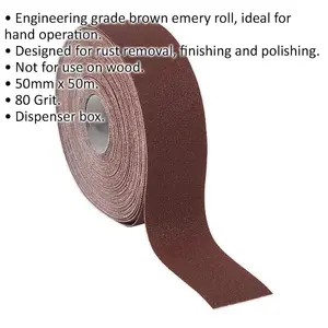 Engineers Brown Emery Roll 50mm x 50m for Rust Removal and Polishing - 80 Grit Quality