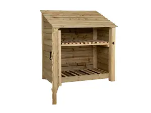 Wooden log store with door and kindling shelf W-119cm, H-126cm, D-88cm - natural (light green) finish