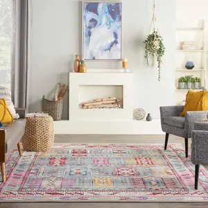 Grey Multi Luxurious Traditional Persian Bordered Geometric Rug Easy to clean Living Room Bedroom and Dining Room-61cm X 115cm