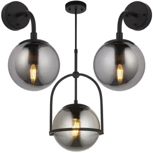 Single Hanging Ceiling Pendat & 2x Matching Wall Lights - Matt Black Frame Grey Tinted Glass Shade Set