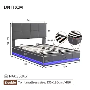 Ottoman Lift Storage Bed with LED Lighting, PU Faux Leather Upholstered 4ft6 Double Size Bed Frame(Without Mattress, Grey)