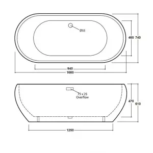 Luxury 1660mm Modern Double Ended Bath