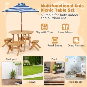 Costway Wooden Octagon Table Set Kids Picnic Table & 4 Chairs w/ Umbrella